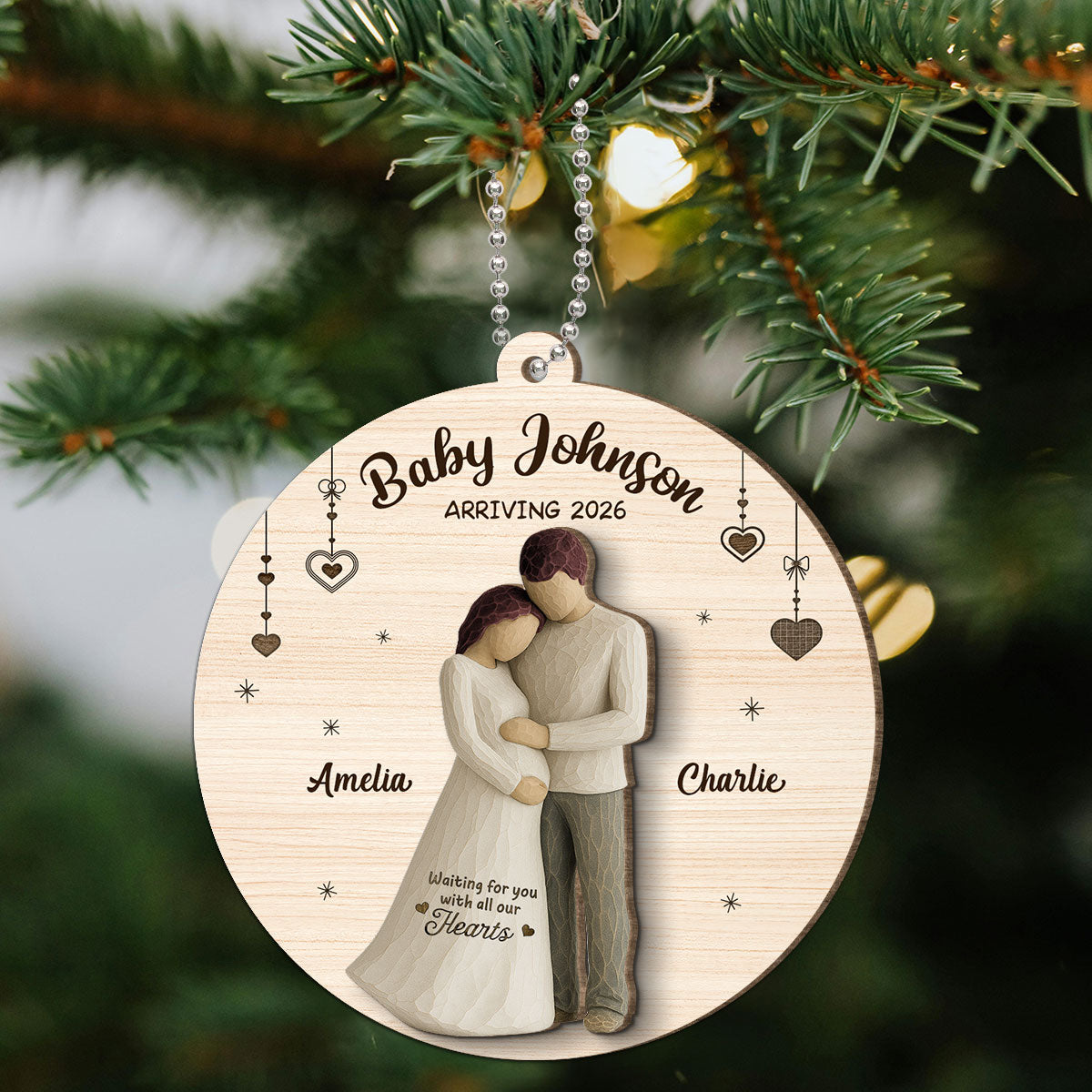 2D Flat Waiting For You With All Our Hearts Couple Expecting Baby - Personalized 2-Layer Wooden Ornament, Baby Shower Gift For Parents-to-be