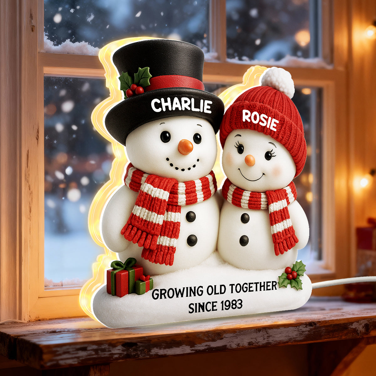 Christmas Snowman Couple Growing Old Together - Personalized Light Box - Gift For Couple