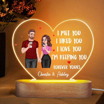 Cartoon Couple Hand In Hand I Met You Like You Love You Gift For Him For Her Personalized Acrylic Heart Plaque With LED Night Light