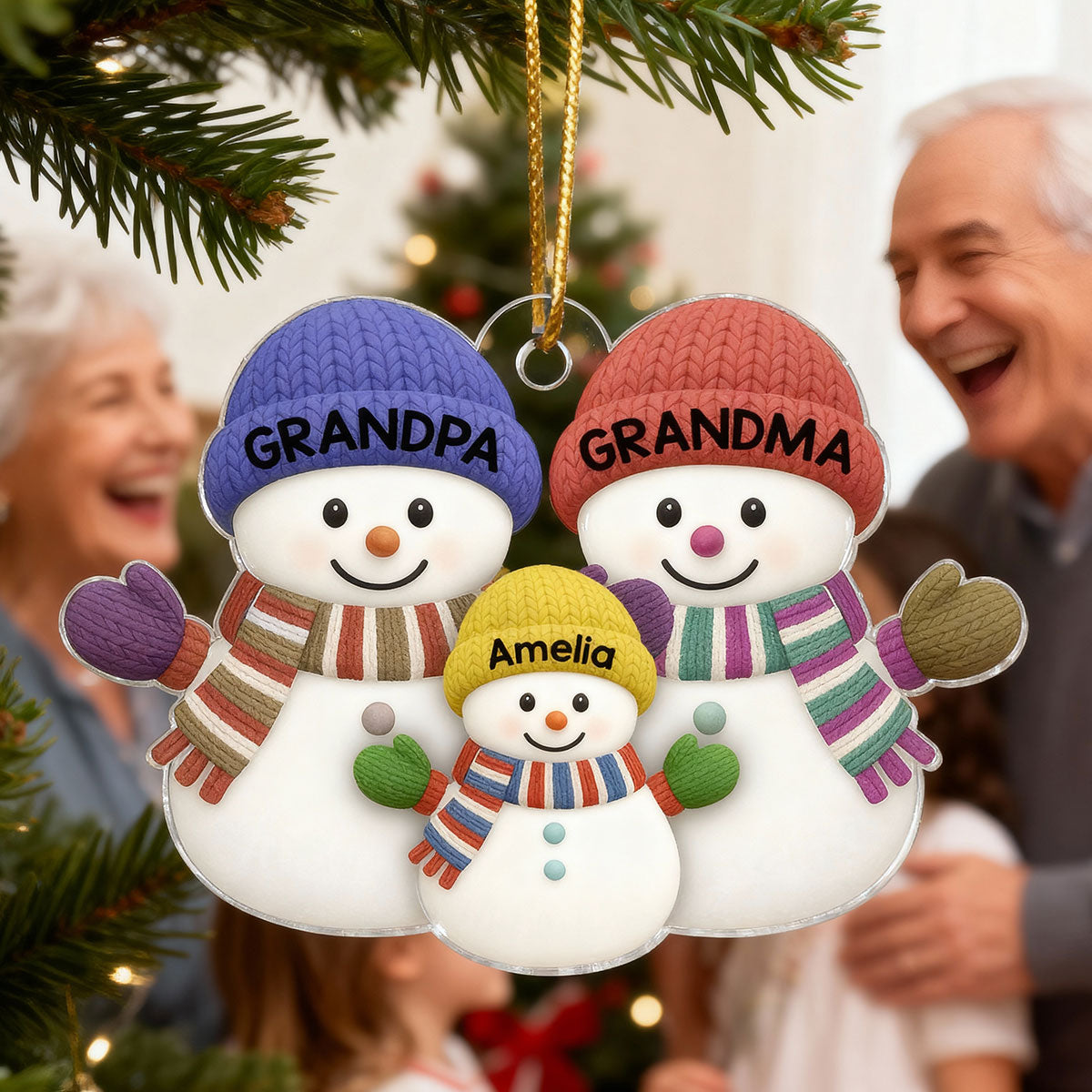 Christmas Grandma Grandpa And Grandkid Snowman Together - Personalized Acrylic Ornament