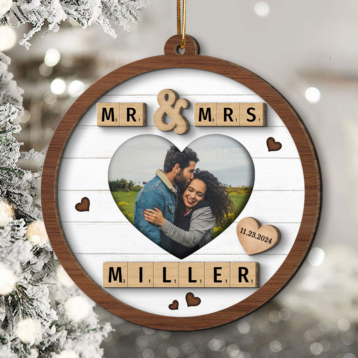 Mr & Mrs First Christmas Engaged Married Word Art Personalized 2-Layer Wooden Ornament