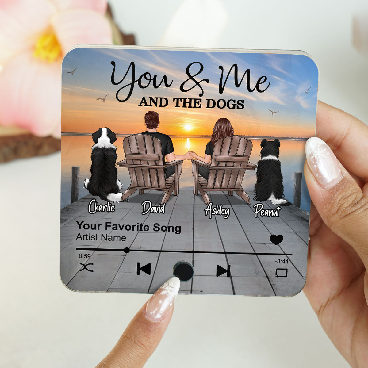 Couple You Me And The Dogs Cats Sitting On Lake Dock Personalized Music Fridge Magnet, Gift For Couple, Dog Lovers, Cat Lovers, Pet Lovers