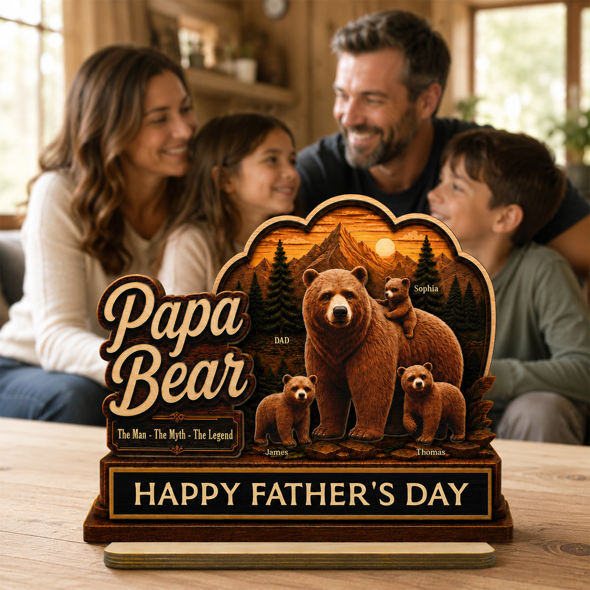 Papa Bear The Man The Myth The Legend 2D Flat - Personalized 2-Layered Wooden Plaque - Father's Day Gift For Husband, Dad