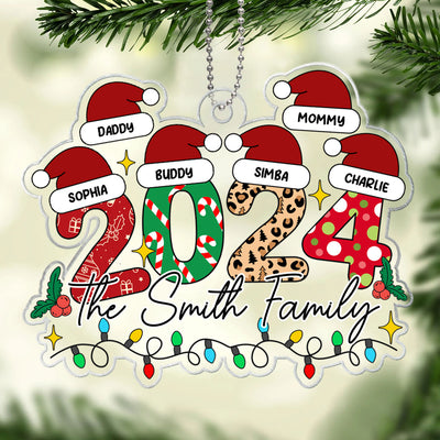 Family 2024 Christmas Pattern Santa Hat Personalized Acrylic Ornament, Christmas Gift for Children, Husband, Dad, Mom
