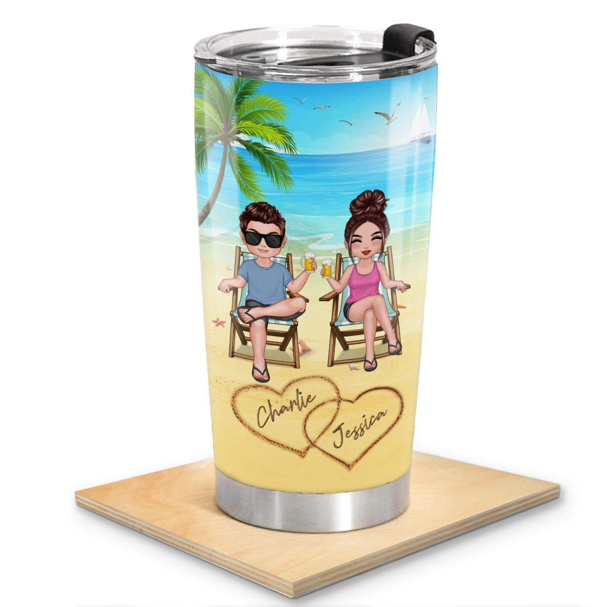 Summer Doll Couple Sitting On The Beach Personalized Tumbler