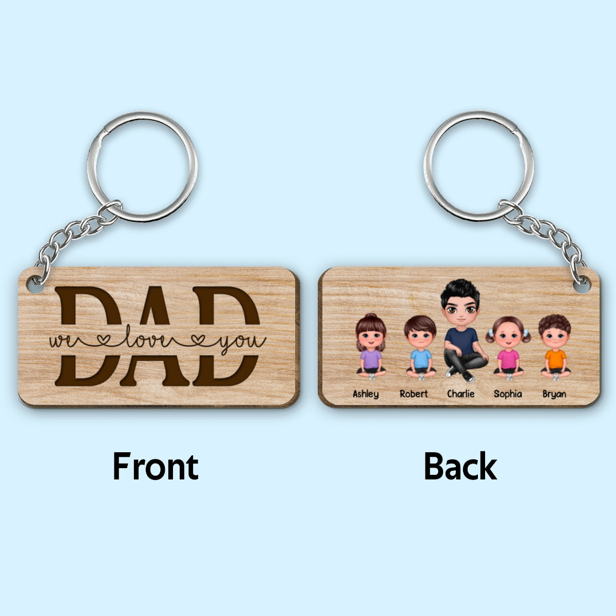 Best Dad Ever Sitting Doll Man & Kids Dog Cat Personalized Wooden Keychain