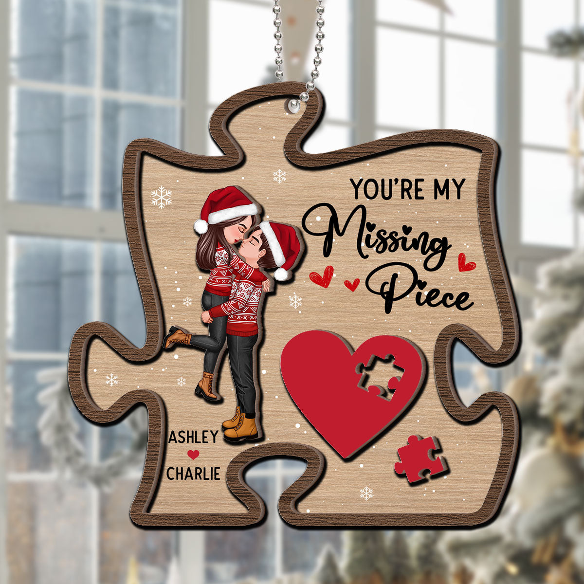 My Missing Piece Couple Hugging Kissing Christmas Personalized 2-Layer Wooden Ornament