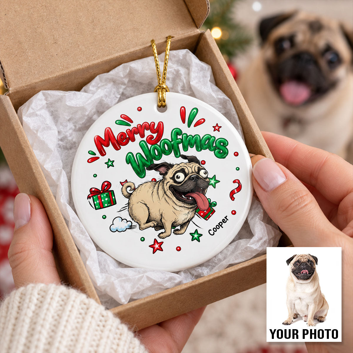 Merry Zoomies Quirky Dog Portrait From Your Custom Pet Photo - Personalized Ceramic Ornament - Funny Christmas Gift For Dog Lover