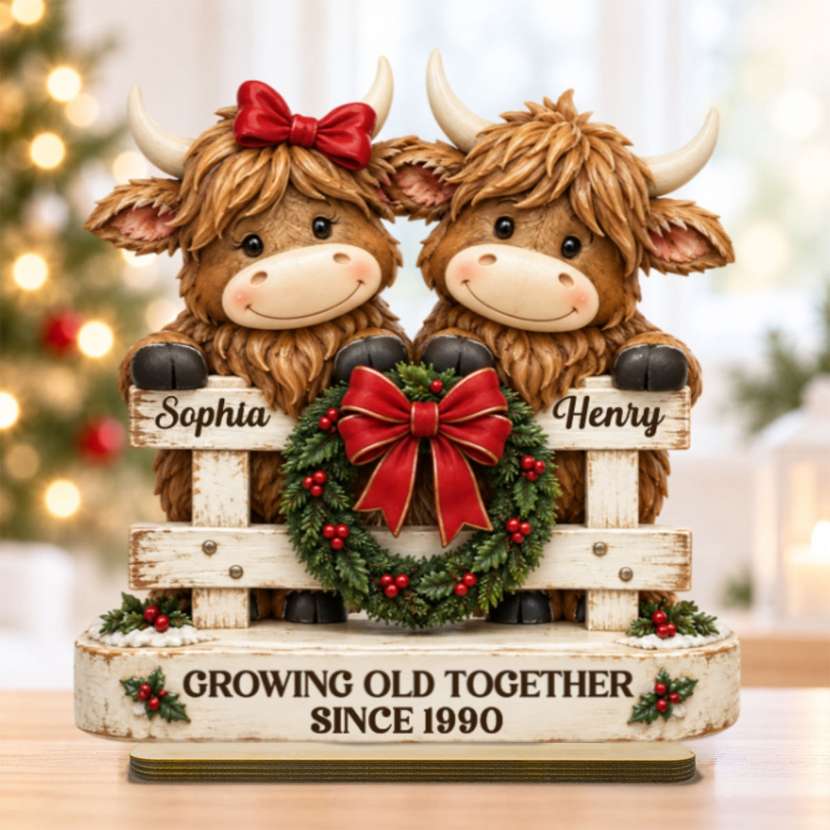 Happy Highland Cows Couple Christmas Fence - Personalized 2-Layered Wooden Plaque - Christmas Gift For Couple