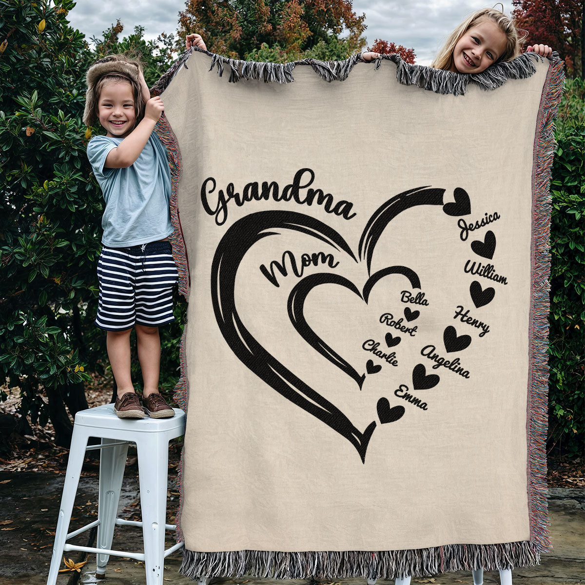 Grandma Mom Hearts Kids And Grandkids Names Personalized Tapestry Woven Blanket, Gift For Grandma, Mom