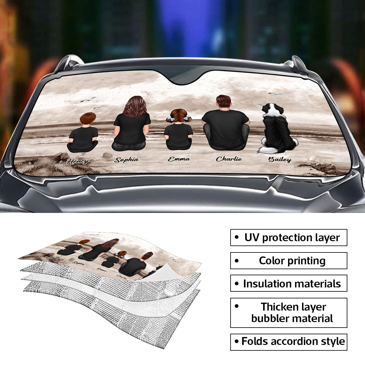 Family Sitting Retro Vintage Beach Landscape Personalized Car Sun Shade