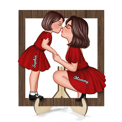 Mom And Kid Holding Hands Kissing Frame Personalized 2-layer Wooden Plaque