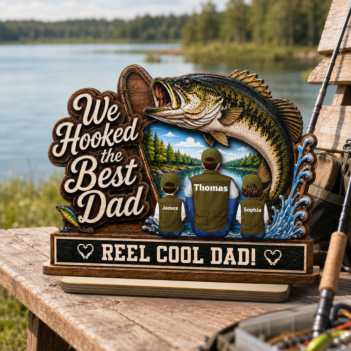 We Hooked The Best Dad Grandpa Back View 2D Flat - Personalized 2-Layered Wooden Plaque - Father's Day Gift For Fishing Lovers