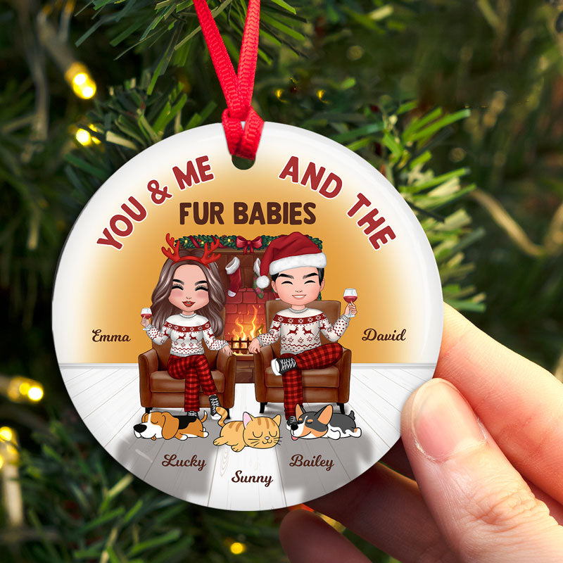 Couple And Dogs Cats In House Fireplace Personalized Circle Ornament