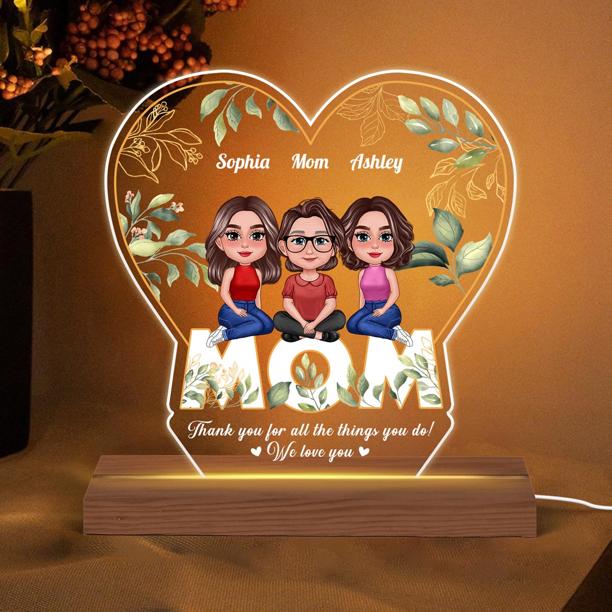 Watercolor Mother Daughter Floral Leaves Personalized Custom Shaped Acrylic Plaque With LED Night Light