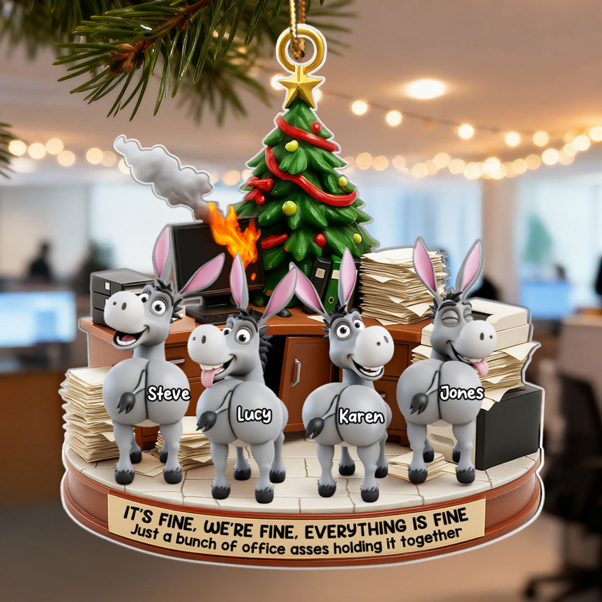 Office Chaos It's Fine We're Fine Bunch of Asses - Personalized Acrylic Ornament - Christmas Gift for Coworkers, White Elephant, Secret Santa Gift