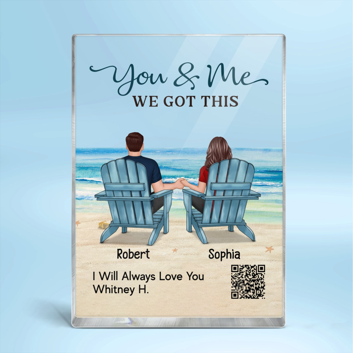 Couple Back View Sitting At Beach Favorite Song QR Code Personalized Acrylic Block Plaque