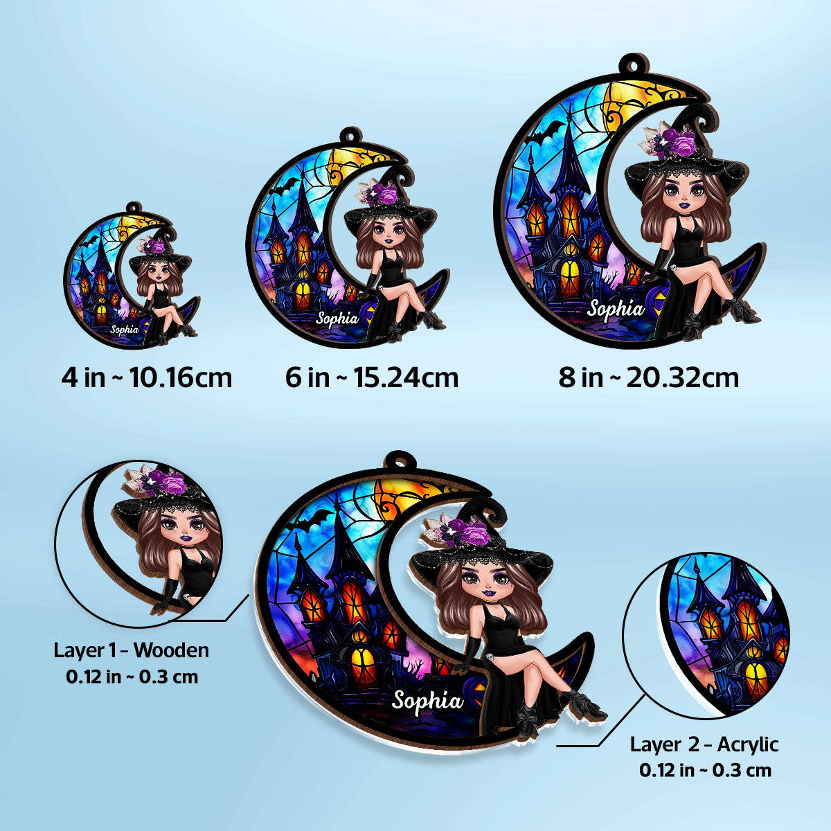 Halloween Witch Sitting On Moon Personalized Suncatcher, Halloween Decoration