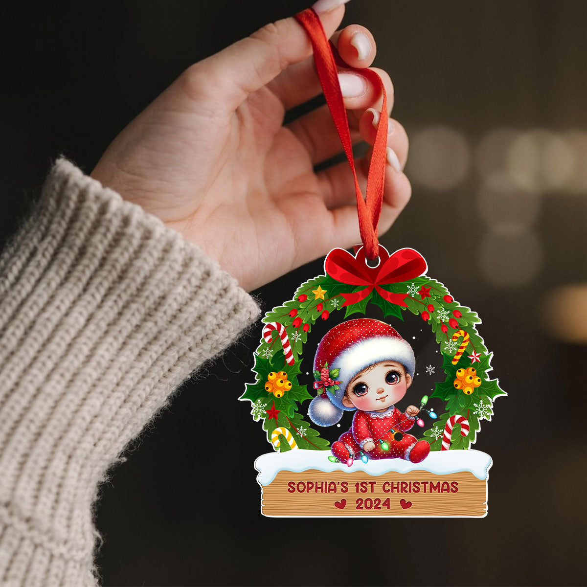 Baby's First Christmas Wreath Personalized Acrylic Ornament, Baby's First Christmas Keepsake for New Mom New Dad