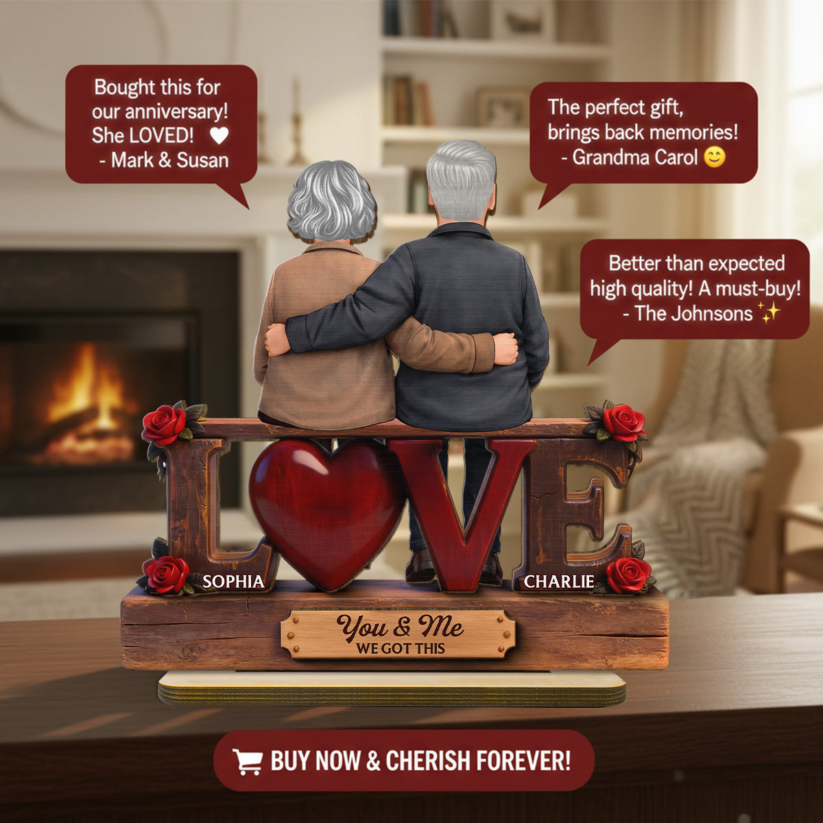 Roses LOVE Back View Old Couple Sitting Embracing - Personalized 2-Layered Wooden Plaque - Valentine's Day Gift For Couple, For Him, For Her