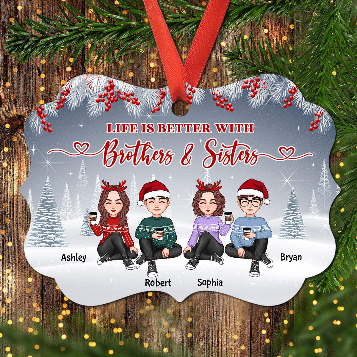 Doll Sitting Brothers Sisters Siblings Besties Sitting In Winter Background Personalized Christmas Ornament