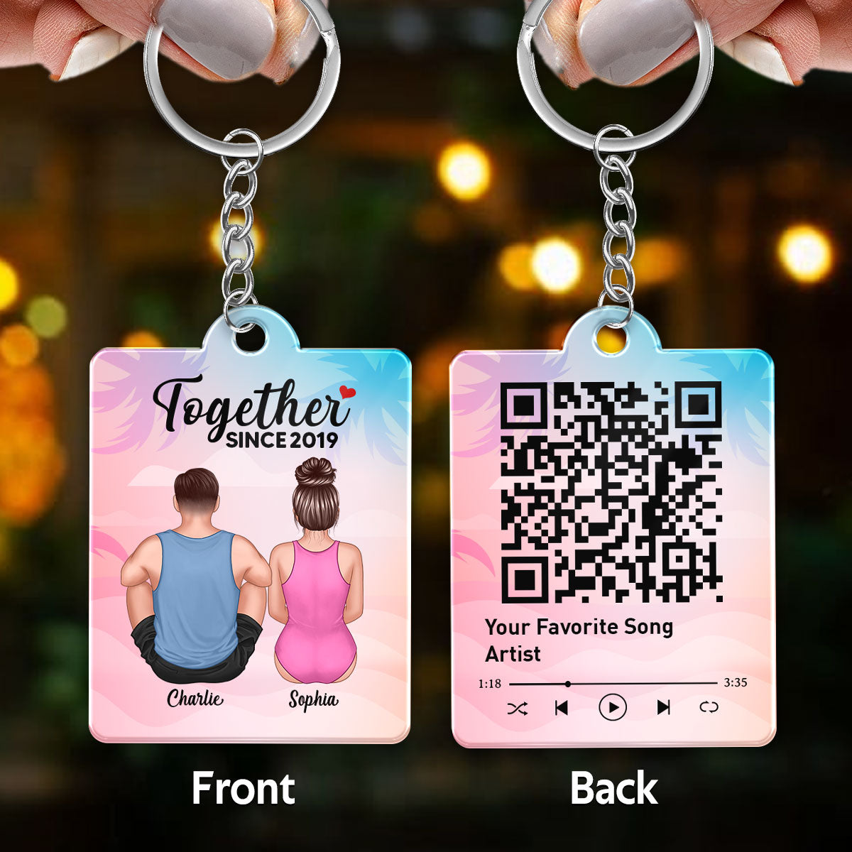 Couple Back View Summer Vibe Favorite Song QR Code Personalized Acrylic Keychain