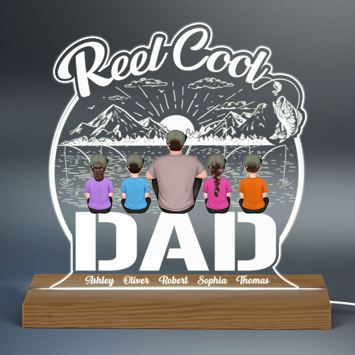 Reel Cool Dad Papa Fishing Personalized Custom Shape Warm LED Night Light
