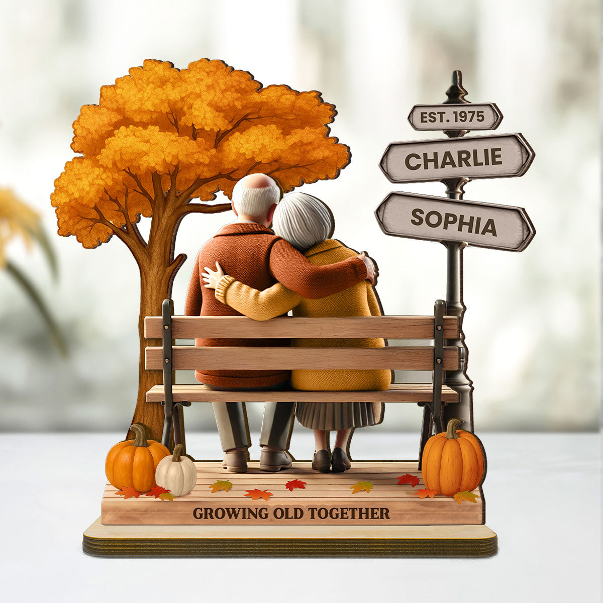 Custom Old Couple Fall Season Park, Romantic Personalized Standing Wooden Plaque