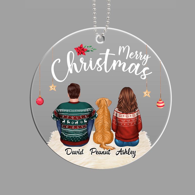 Couple Sitting With Dogs Christmas Personalized Acrylic Ornament