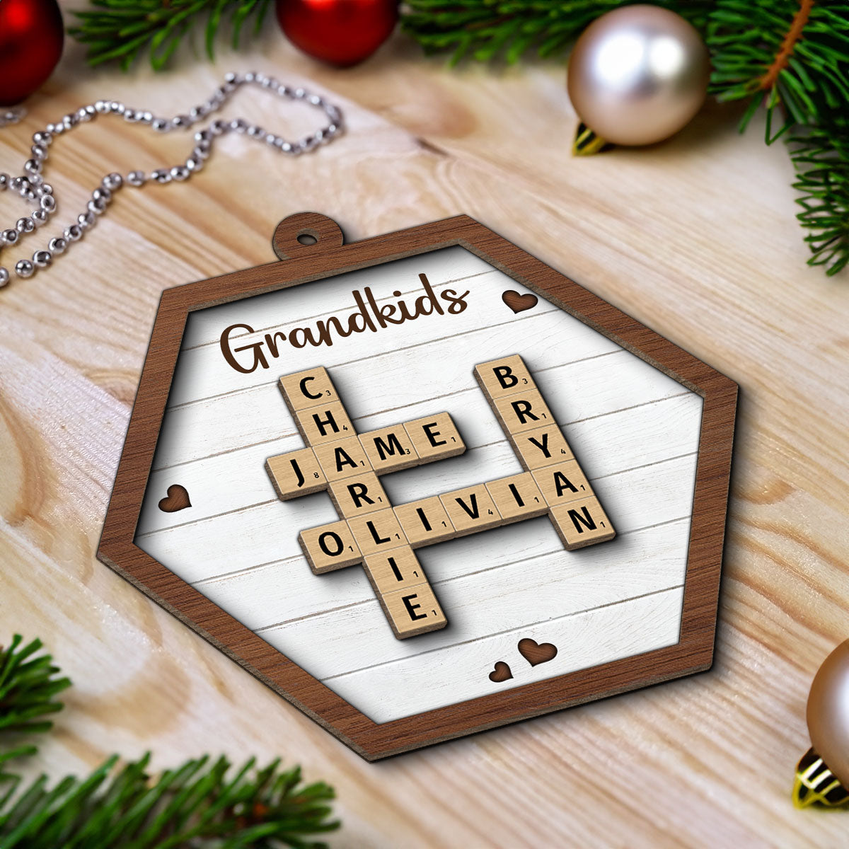 Grandkids Crossword Puzzle Art Personalized Hexagon Shaped 2-Layer Wooden Ornament, Christmas Gift For Grandma, Gift For Mom