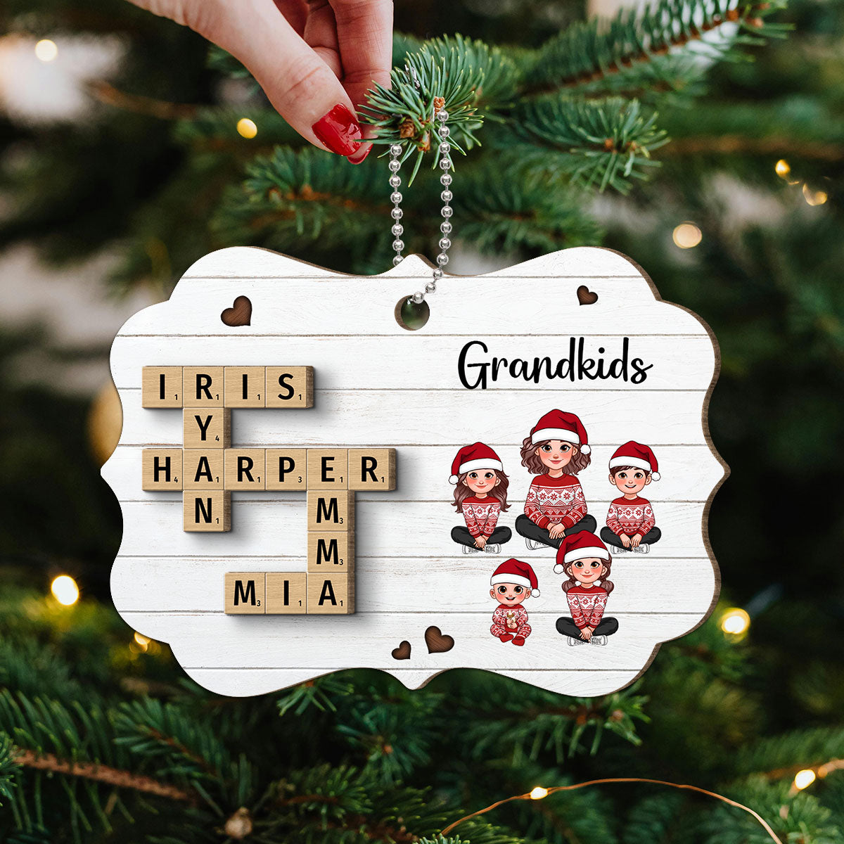 Crossword Puzzle Art Animated Grandma Grandkids Sitting Christmas Personalized 2-Layer Wooden Ornament