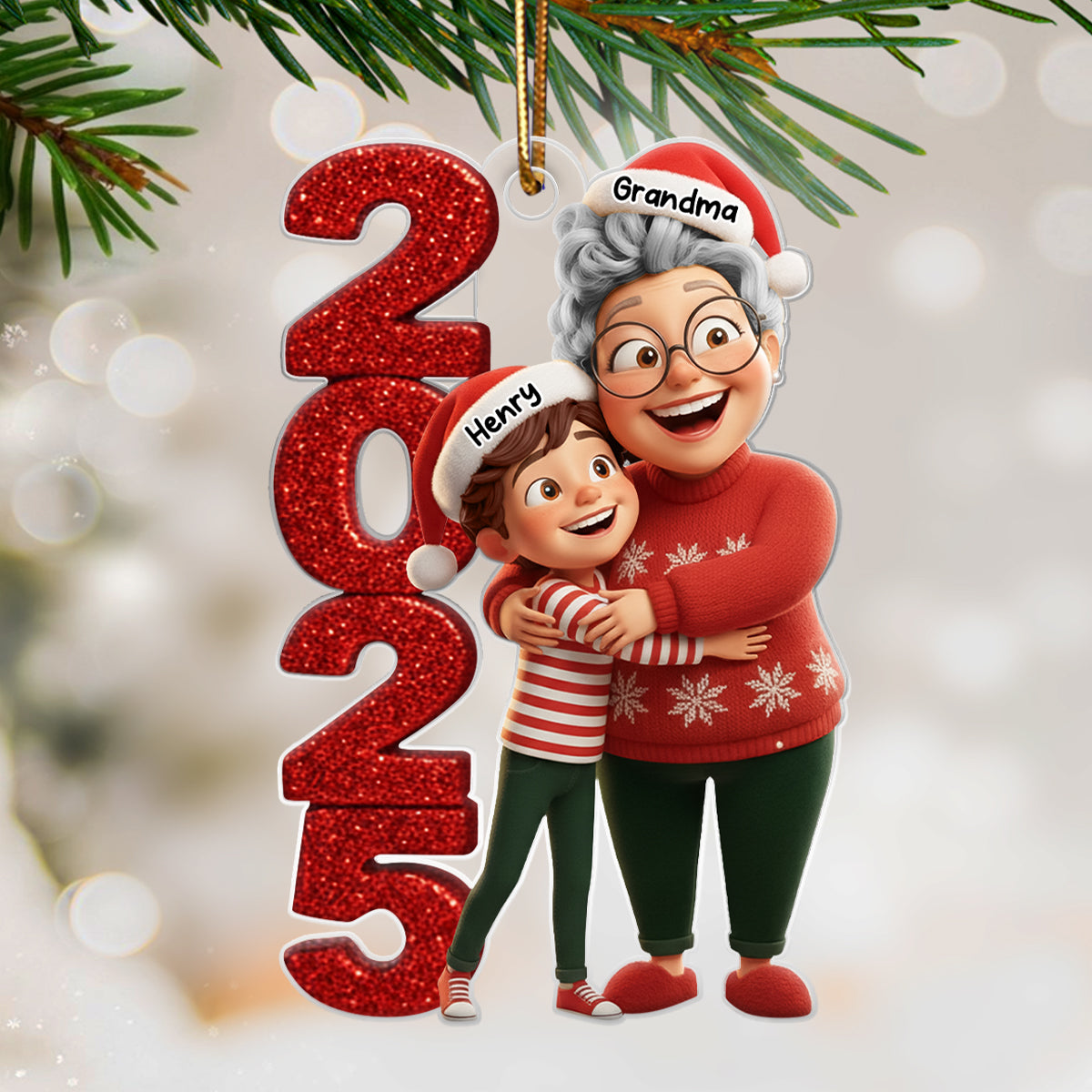 3D Glitter Effect Happy Grandma Hugging Grandkid 2025 - Personalized Acrylic Ornament - Christmas Gift for Grandma, Grandkid