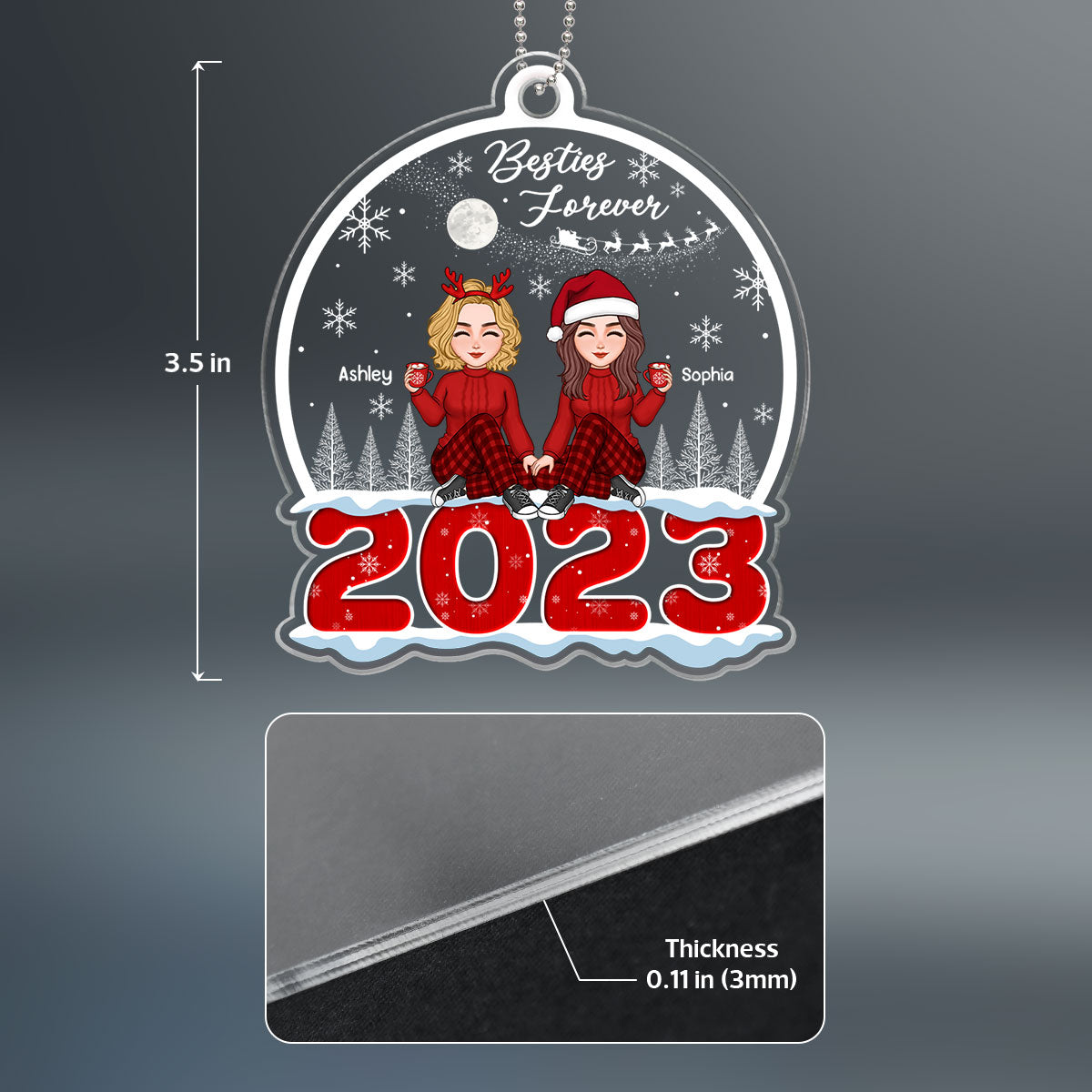 Cute Besties Sisters Sitting On Snow 2023 Christmas Sleigh Personalized Acrylic Ornament