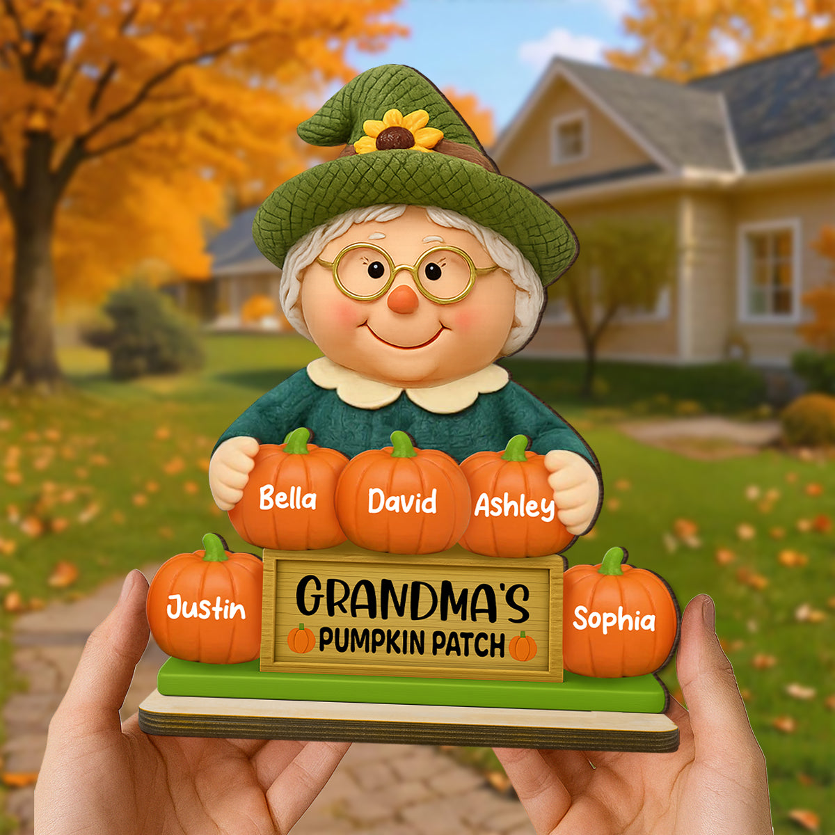Grandma's Pumpkin Patch Scarecrow Personalized Standing Wooden Plaque, Fall Decor for Grandma