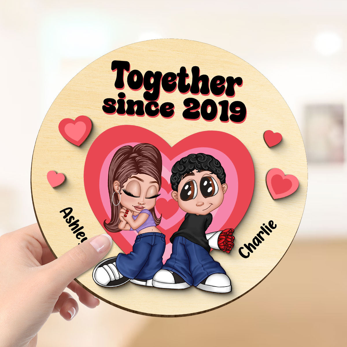 Y2K Couple Hearts Personalized 2-layer Wooden Plaque,  Unique Valentine's Day Gift For Him, Gift For Her