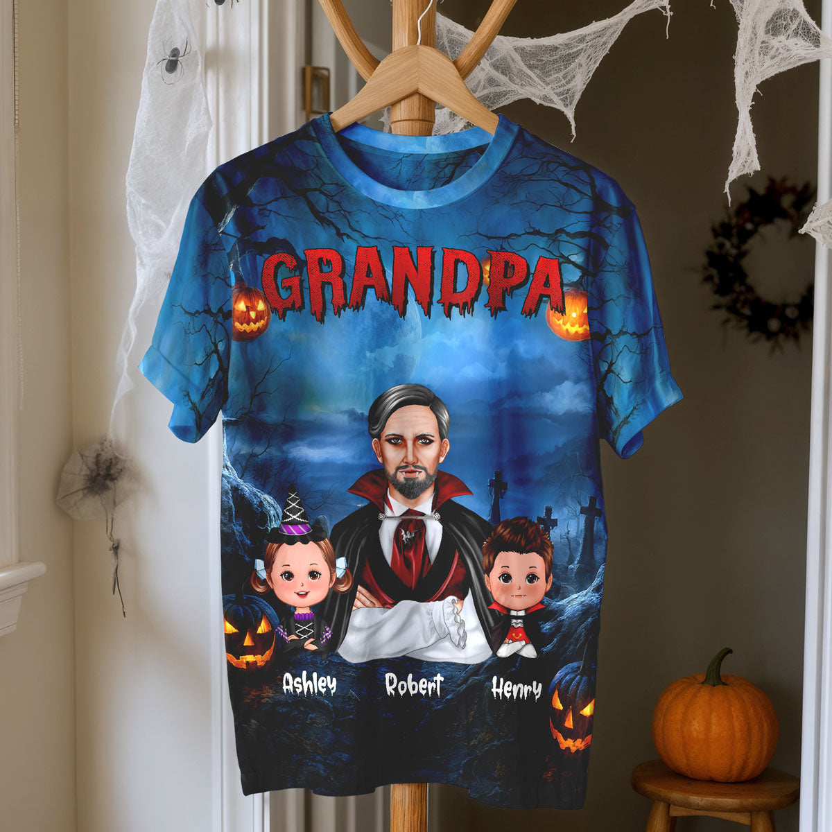 Cool Grandpa Dad Dracula & Kids In Halloween Night Personalized Shirt, Halloween Costume for Dad, Grandpa