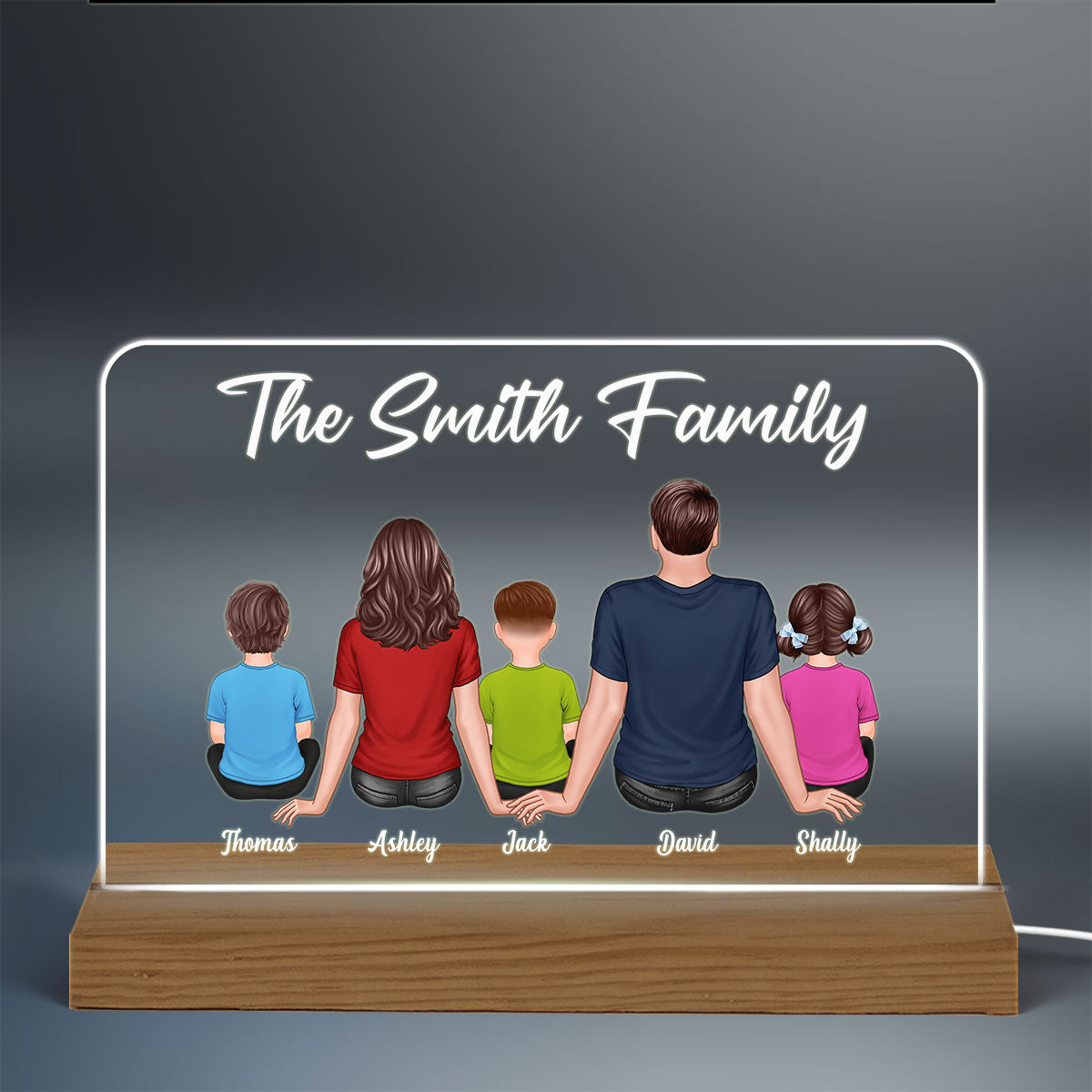 Back View Whole Family Couple Dad Mom Kids Dogs Cats Sitting Personalized Warm Custom Shape Acrylic Plaque LED Night Light