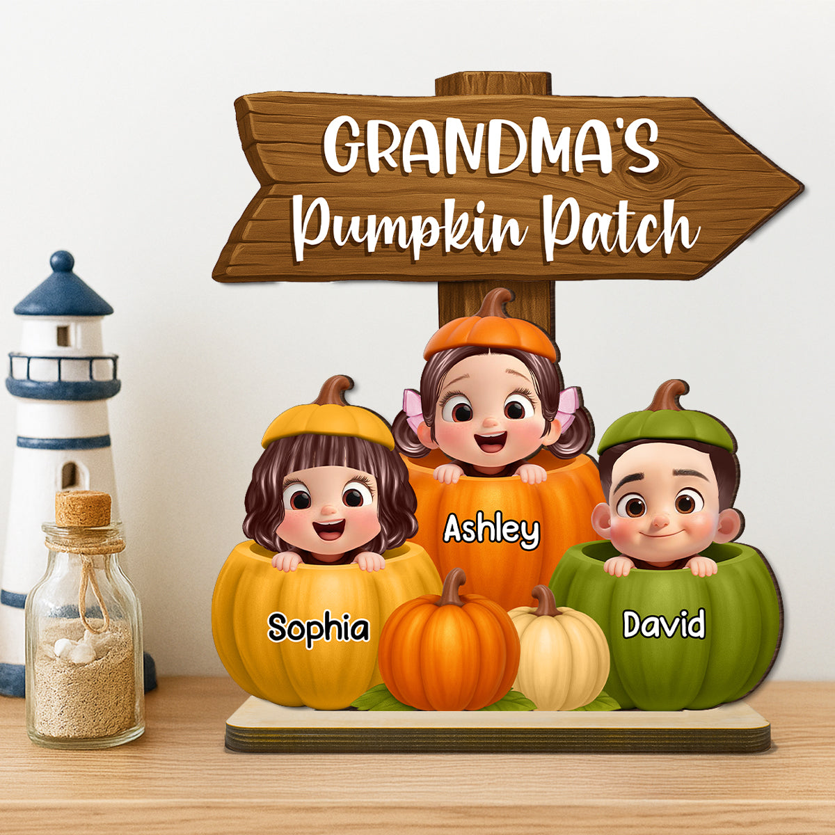 Grandma Pumpkin Patch Cute Grandkids Direction Sign 3D Effect Personalized Standing Wooden Plaque