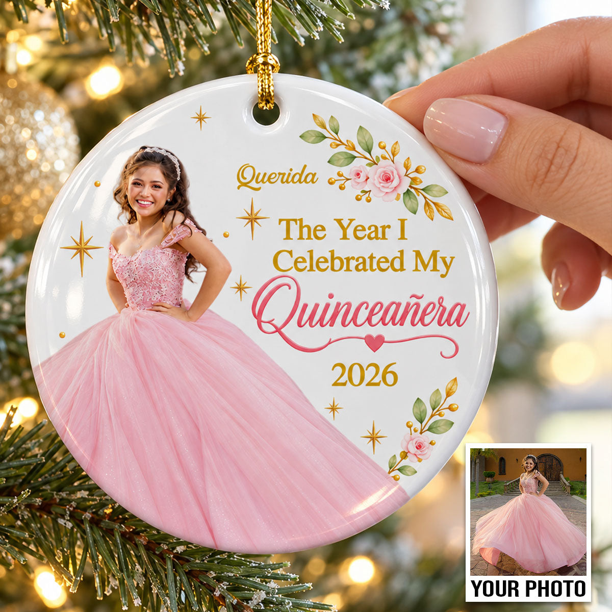 The Year I Celebrated My Quinceañera Custom Photo Upload - Personalized Ceramic Ornament - Hispanic Latina Quinceañera Keepsake