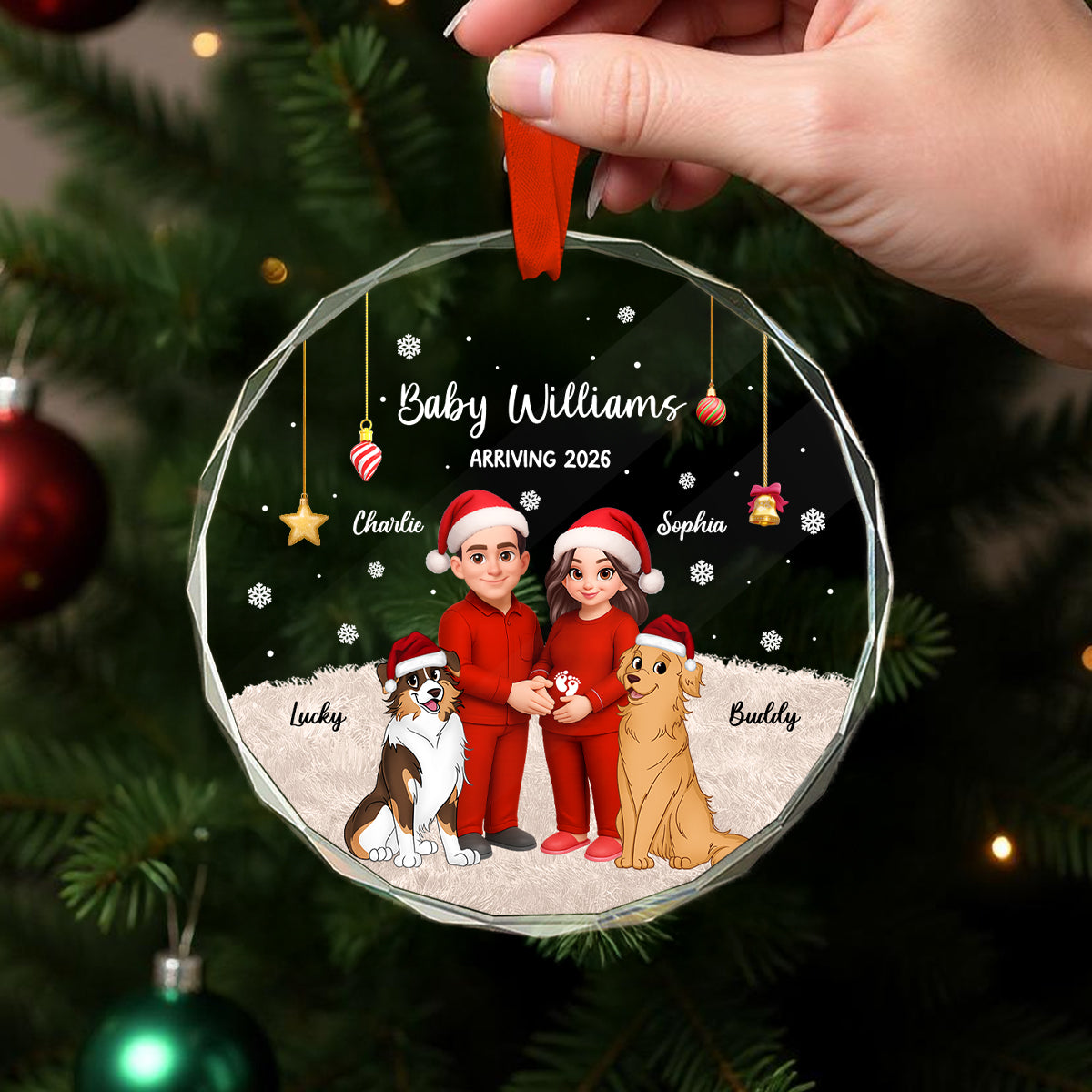 Expecting Parents Christmas Pregnancy Baby Arriving With Dogs Cats - Personalized Glass Ornament