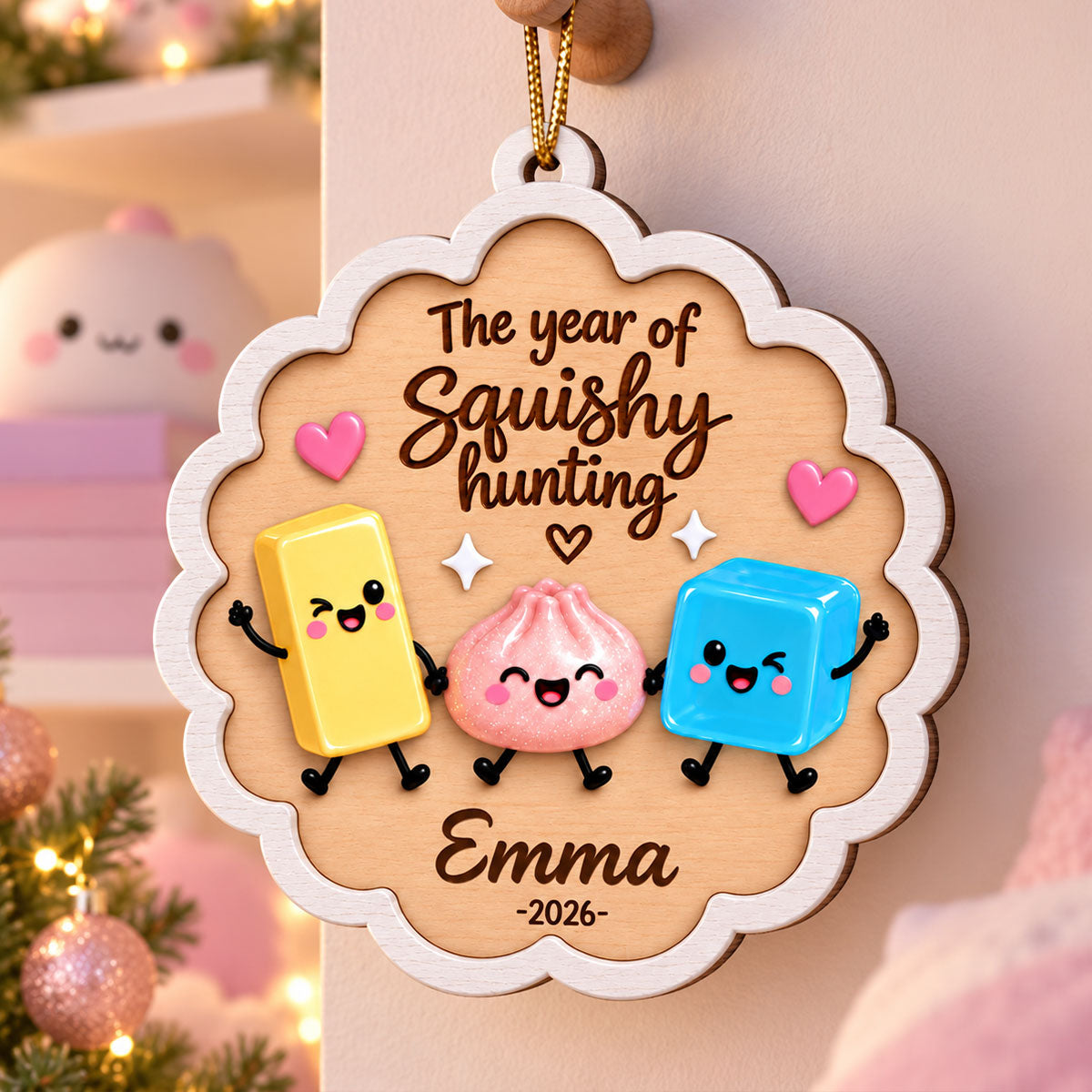 The Year Of Squishy Hunting Cute Squishies 2D Flat - Personalized Wooden Ornament - Christmas 2026 Keepsake