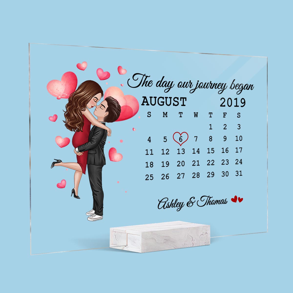 Watercolor Hearts Doll Couple Hugging Kissing Calendar Anniversary Date Personalized Acrylic Plaque