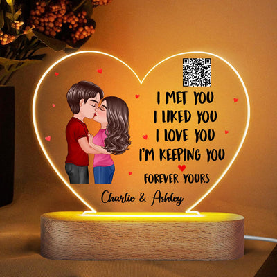 Doll Couple Kissing I Met You Favorite Song Scannable QR Code Gift For Him For Her Personalized Acrylic Heart Plaque LED Night Light
