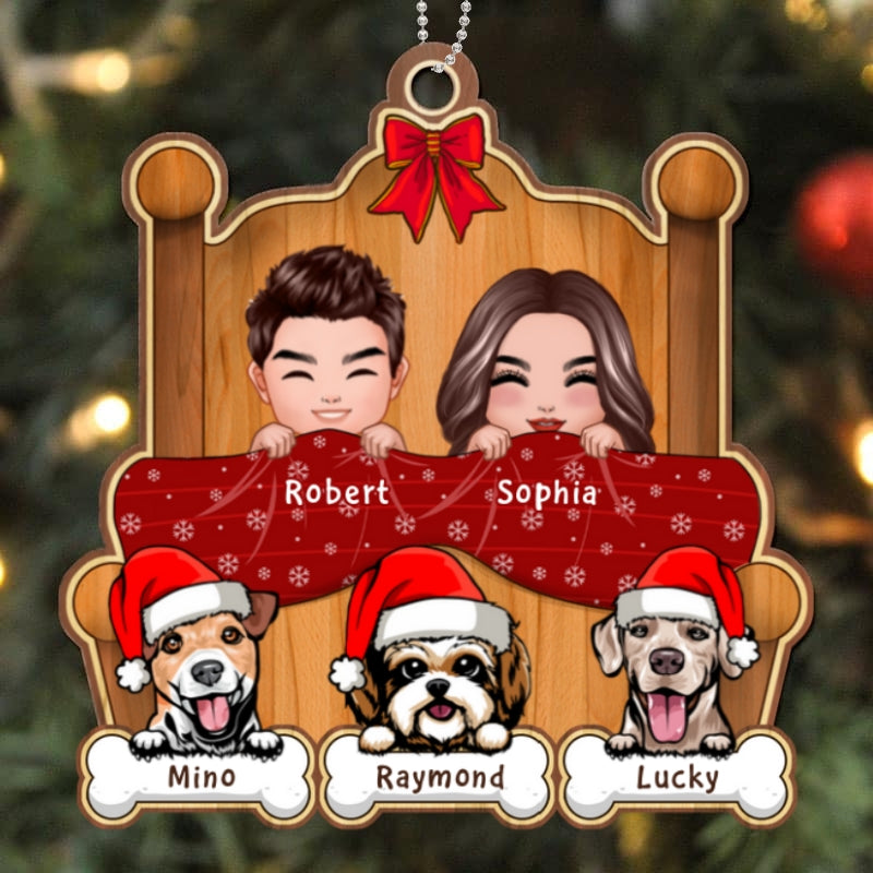 Christmas Doll Couple On Bed With Dogs Personalized Wooden Ornament