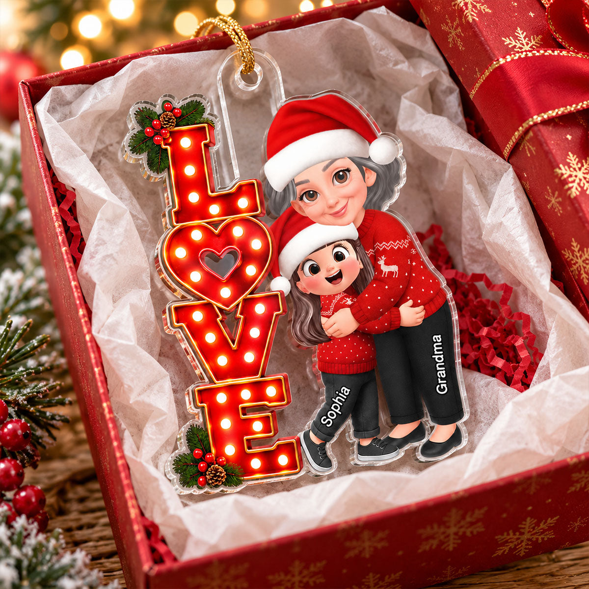 Grandma Hugging Grandkids LOVE Christmas Marquee 2D Flat - Personalized Acrylic Ornament - Christmas Gift For Grandma, Granddaughter, Grandson