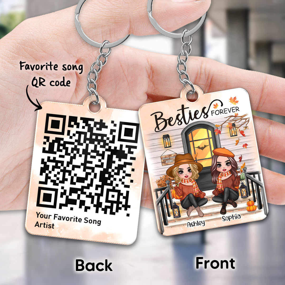 Fall Season Best Friends Sisters Front Porch Favorite Song Scannable QR Code Personalized Acrylic Keychain