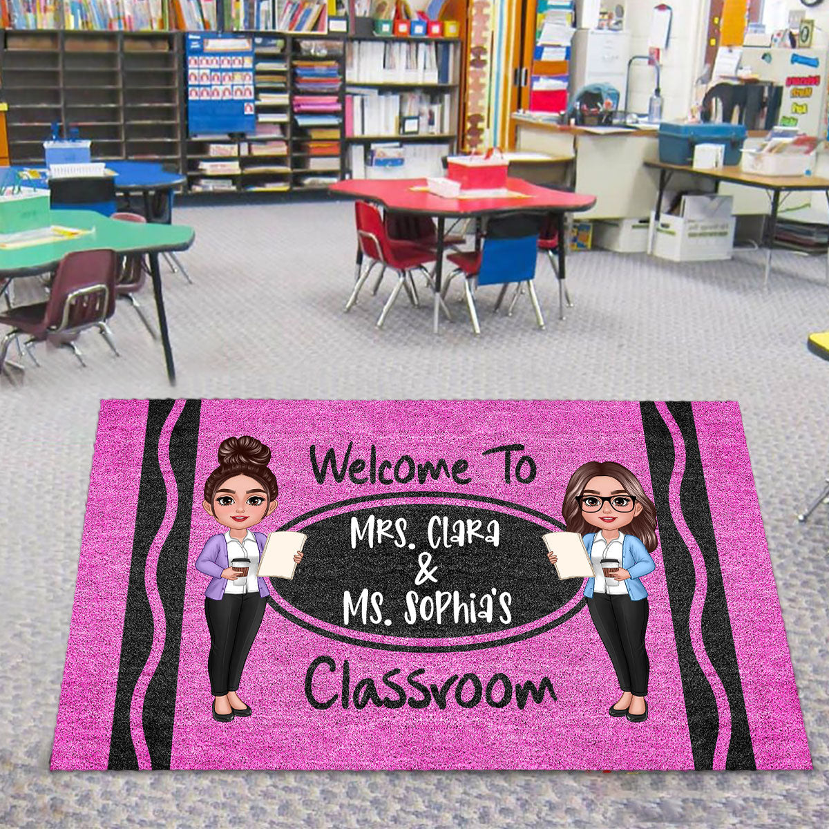 2 Teachers Welcome To Classroom Crayon Pattern Personalized Doormat