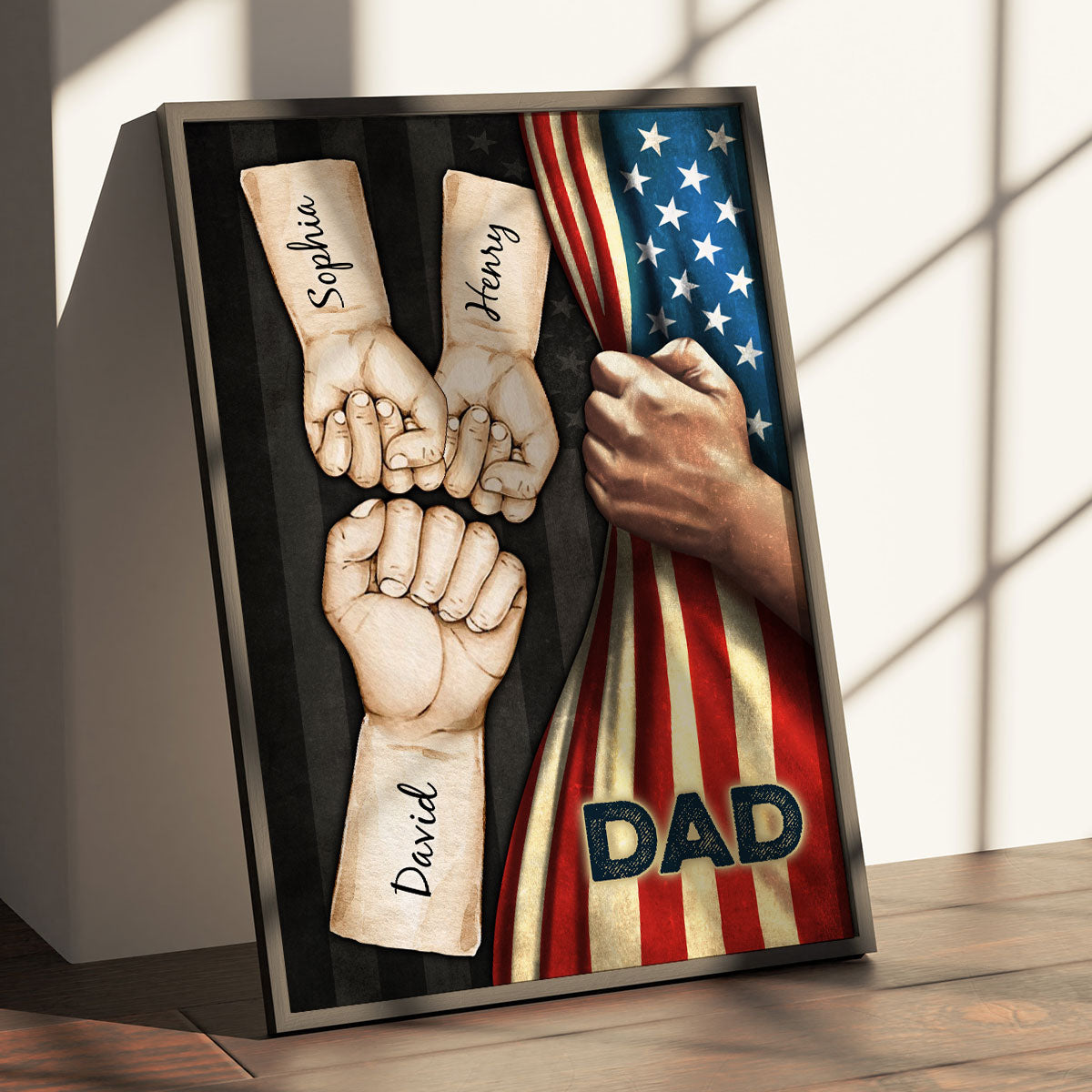 Grandpa Dad Fist Bump Hand Pulling American Flag Personalized Poster, Father's Day Gift for Dad, for Grandpa, for Husband