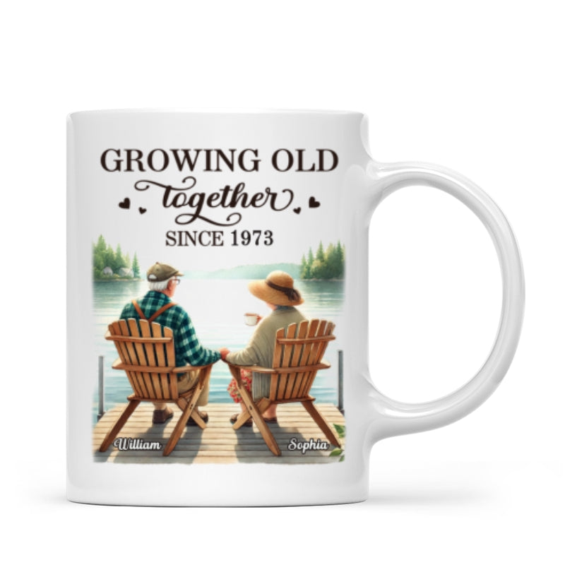 Back View Old Couple Sitting Together On The Lake Dock Personalized Mug, Heartfelt  Gift For Him, For Her, Husband, Wife