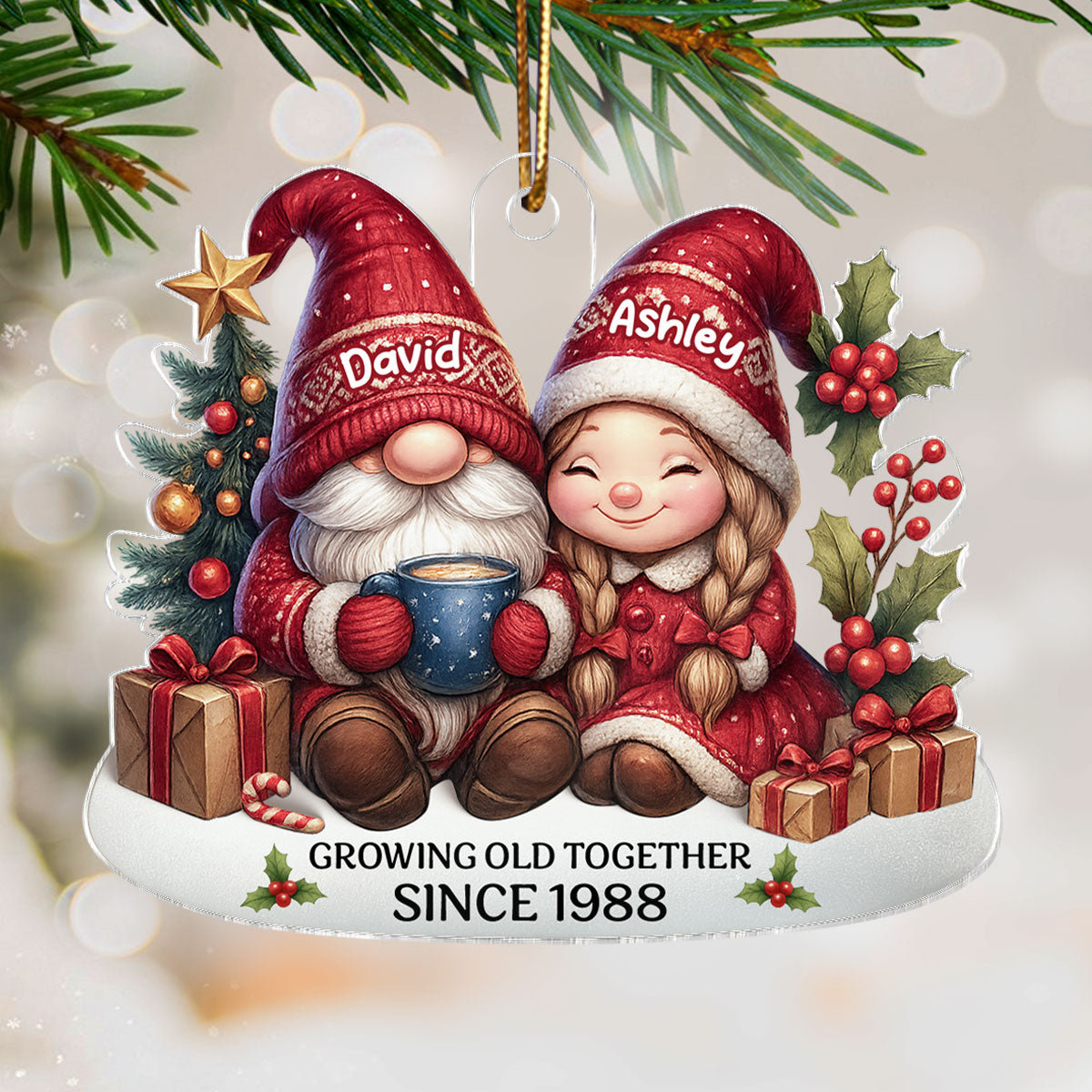 Gnome Couple Growing Old Together Personalized Acrylic Ornament, 3D Effect Ornament for Couples